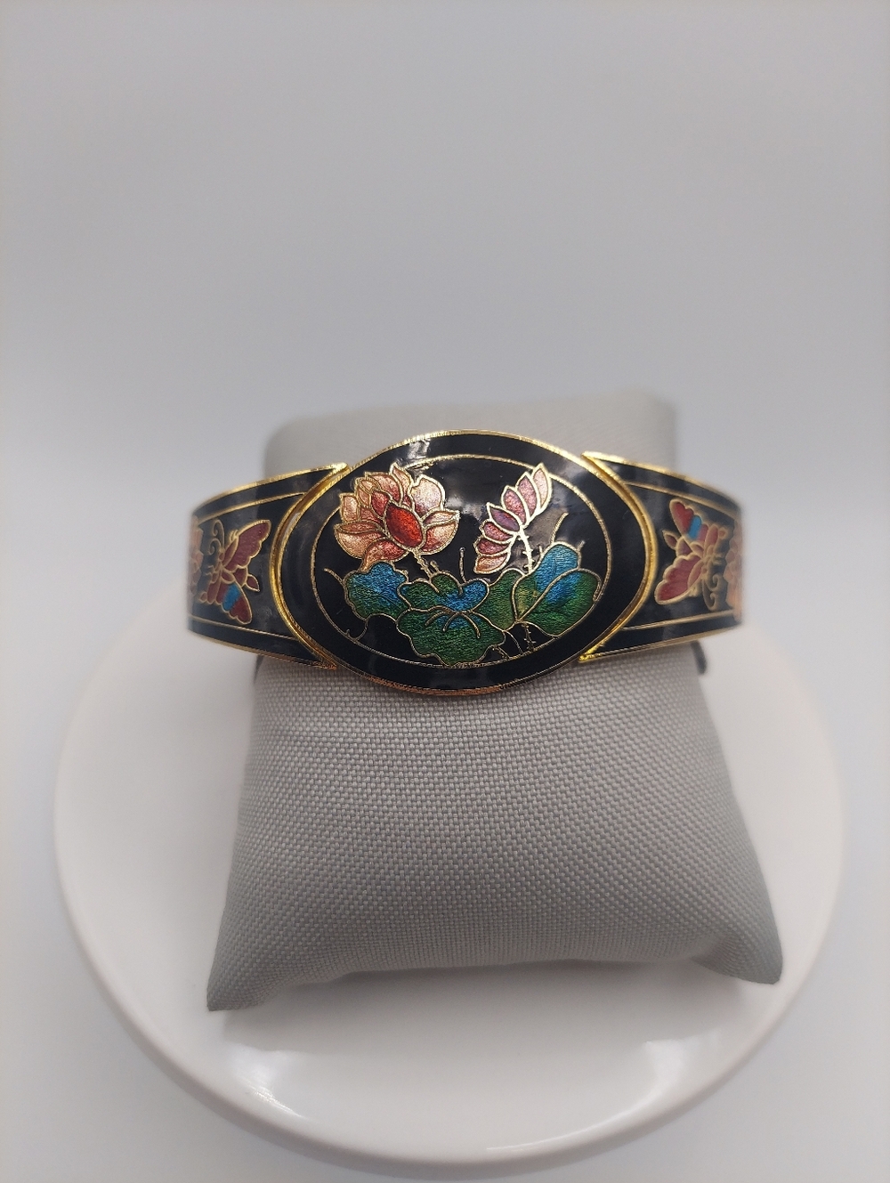 Cloisonne Enamel Floral Hinged Vtg Bracelet, GC.